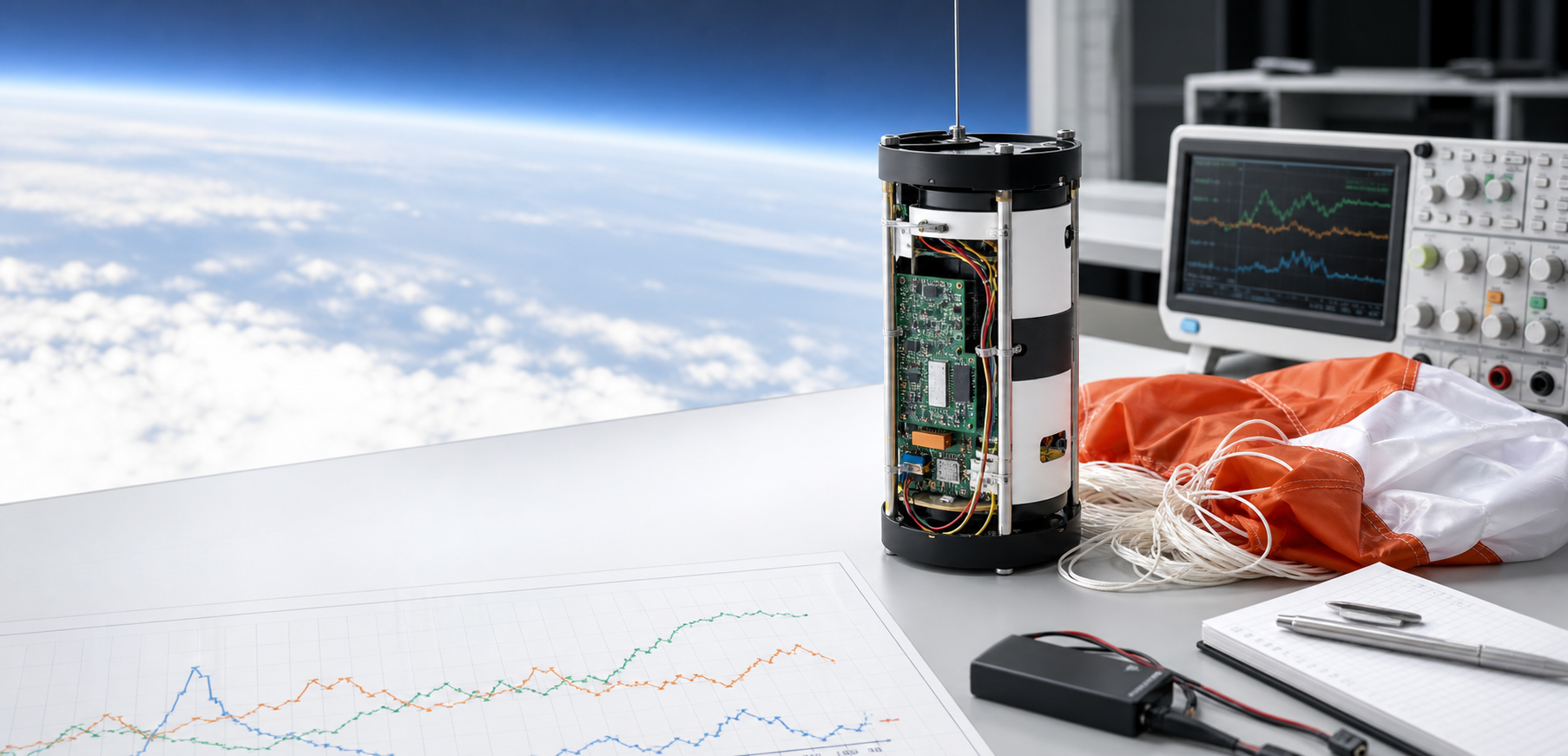 CanSat analyzer concept with a small satellite module, plotted flight data, and lab instruments
